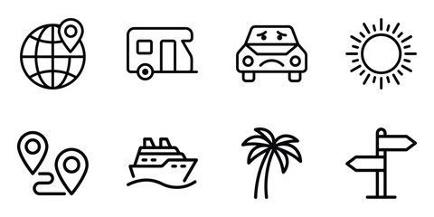 Travel leisure vacation outdoor adventure line icons with vacation adventure location signpost direction navigation © Suhel_AI Design