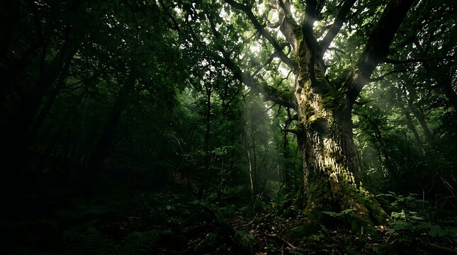 Sunlight beams through the canopy of a majestic ancient tree