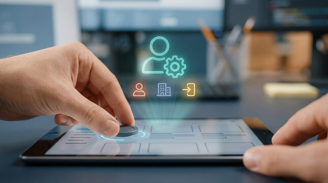 Professional using a digital tablet and tactile dial to manage user settings and enterprise profiles with futuristic holographic icons in a modern office.
