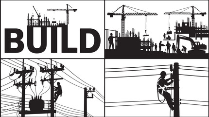 Obraz premium Professional vector illustrations depicting busy construction sites and diligent electricians maintaining essential power infrastructure