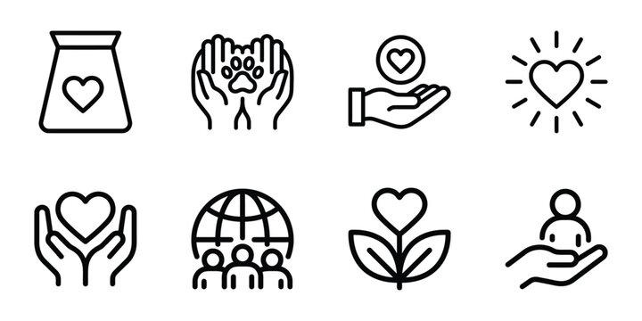 Charity and caring human values line icon set with community donation kindness volunteer nonprofit philanthropy