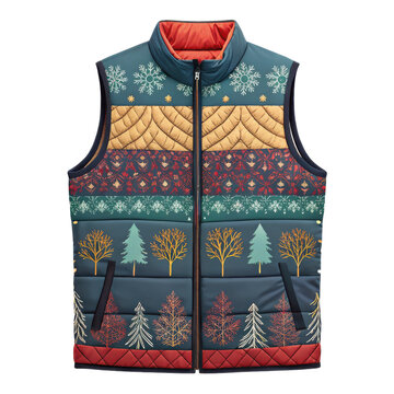Cozy reversible quilted vest with festive winter holiday pattern transparent background