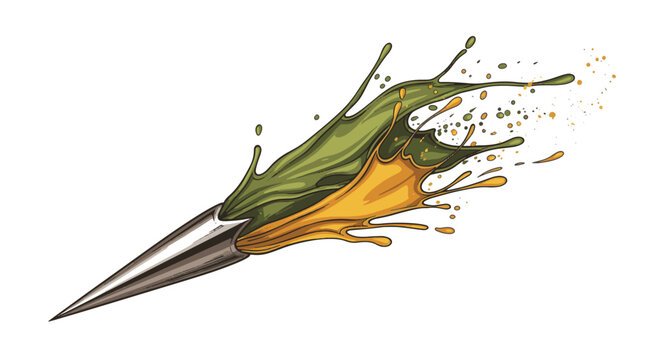 Vector illustration of a metallic javelin tip or spearhead with dynamic green and orange liquid splashes trailing behind it. Isolated on a white background for clean design use.