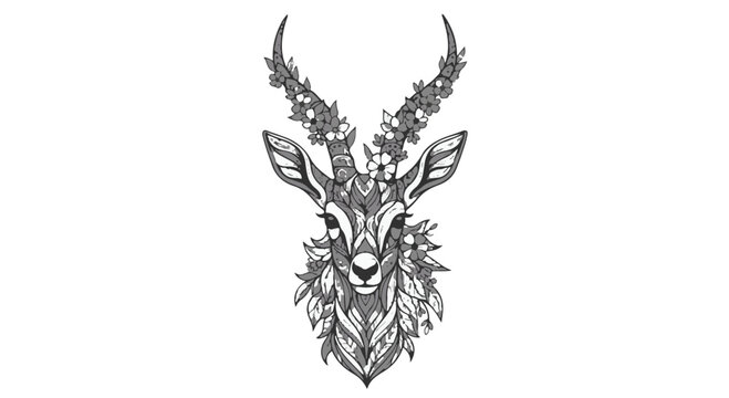 Black and white vector illustration of a gazelle head with symmetrical floral patterns and blooming flowers on horns, isolated on a clean white background for decorative design.
