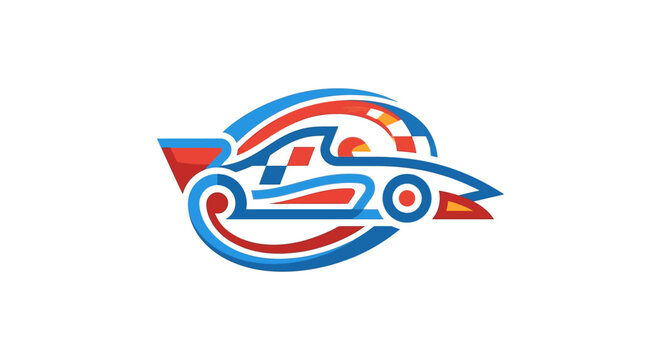 Abstract racing car emblem with red and blue accents.