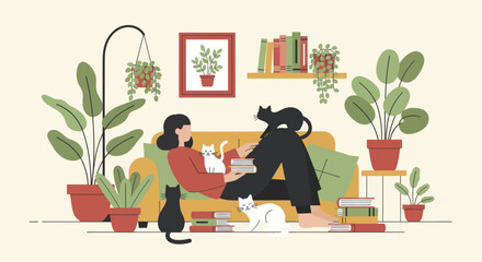 Woman relaxing at home with her cats surrounded by plants. © art.Co