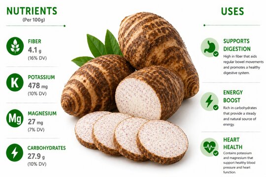 A 3D semi-realistic bright image of taro root centered with earthy texture and clean background. On the left, list nutrients per 100g (fiber, potassium, magnesium, carbohydrates). On the right uses