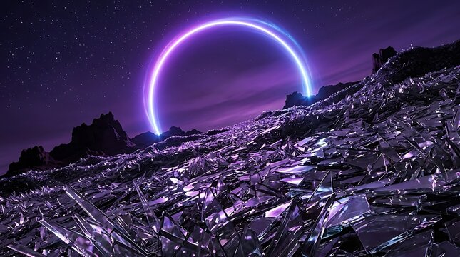 Futuristic neon arch glowing over shattered crystal landscape