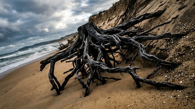 Old driftwood roots on a coastal sandy beach under cloudy sky