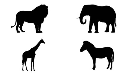 Obraz premium Black silhouettes of lion, elephant, giraffe and horse