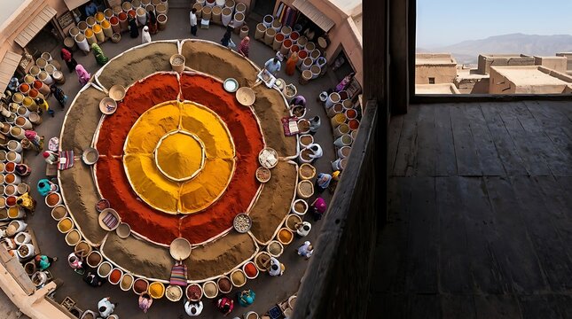 Aerial view of colorful circular spice market in traditional village