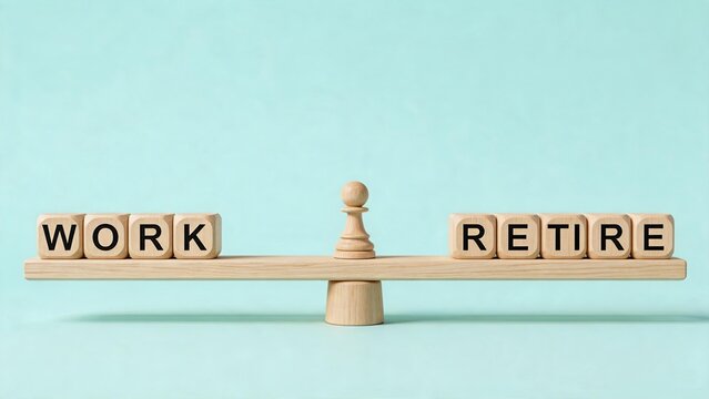 Wooden blocks spelling work and retire balanced on a scale with chess piece, symbolizing life balance between career employment and retirement planning.
