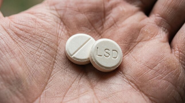 Two White Round Pills with LSD Imprint Held in a Person's Palm