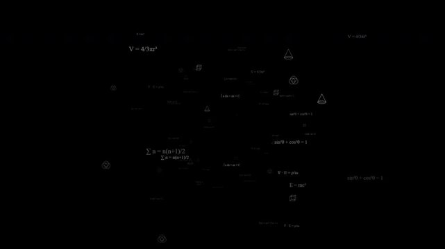 Abstract Motion Graphics of Floating Mathematical Equations and Physics Formulas Over Black