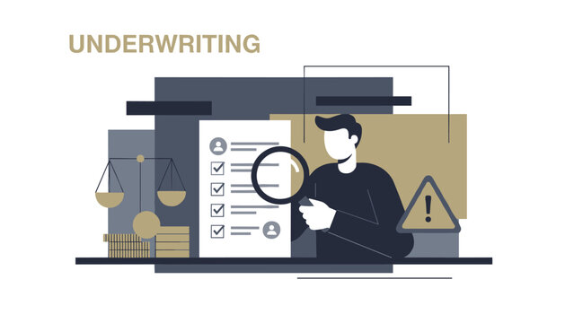 Professional underwriter analyzing insurance application documents using a magnifying glass to assess financial risks.