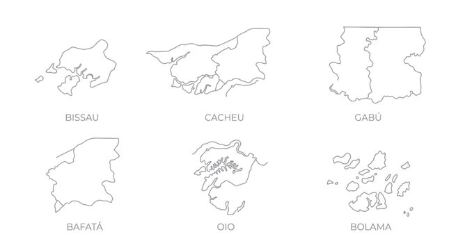 Outline Maps of Guinea-Bissau Regions: Bissau, Cacheu, Cabu, Bafata, Oio, Bolama