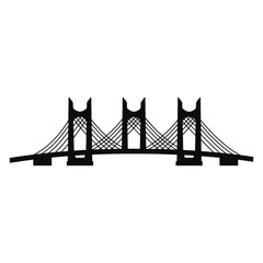 Obraz premium Minimalist black silhouette of a modern three-tower cable-stayed bridge. Architectural icon featuring suspension cables and pylons isolated on a white background for design.