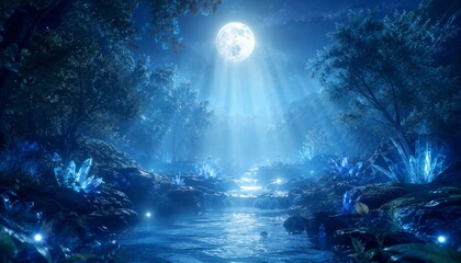 Fototapeta premium Moonlit crystal forest with glowing stream and magical blue light