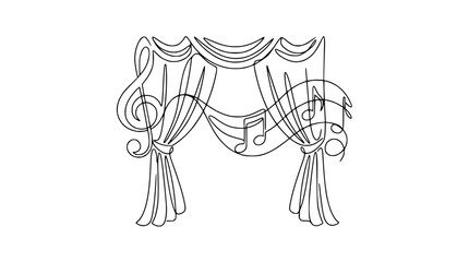Fototapeta premium Elegant Stage Curtain with Musical Notes and Treble Clef - Line Art