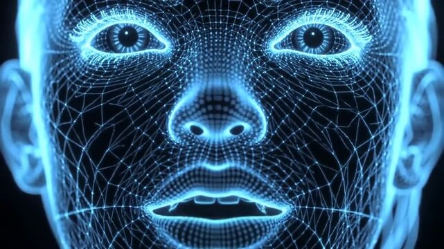 Glowing blue digital human face wireframe on black background