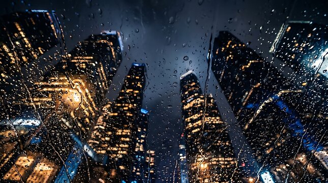 City skyscrapers seen through a rainy window at night