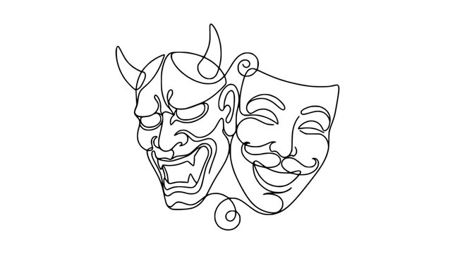 Devil and Comedy Masks, One Line Drawing, Symbolizing Duality, Good vs Evil, Emotions, Theatre