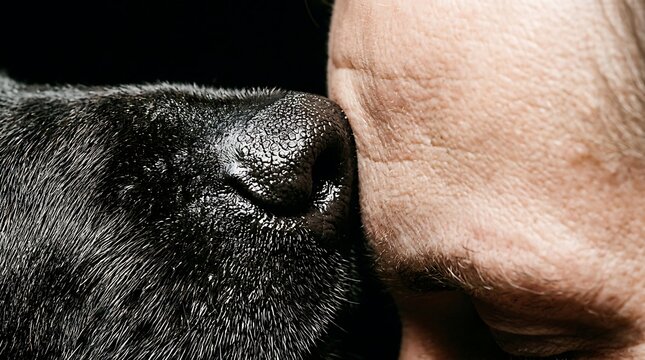 Close up of a black dog nose touching a person's forehead