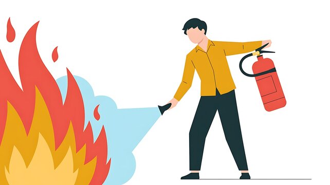 A man extinguishes a fire with a fire extinguisher in a room.