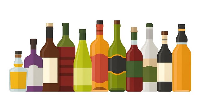 An illustration of various liquor bottles on a shelf in a store
