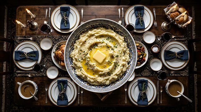 Festive dinner table setting with large bowl of mashed potatoes