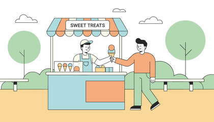 Fototapeta premium Friendly street vendor handing a delicious ice cream cone to a customer in a beautiful green park environment.