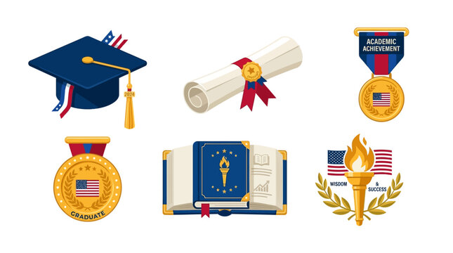 Graduation ceremony awards and diplomas on display with medals