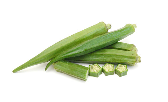 Fresh raw okra isolated on white background, horizontal with copy space