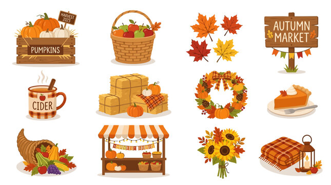 Autumn market scene with various fall items on display outside.