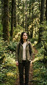 Young woman standing on a forest trail with a walking stick