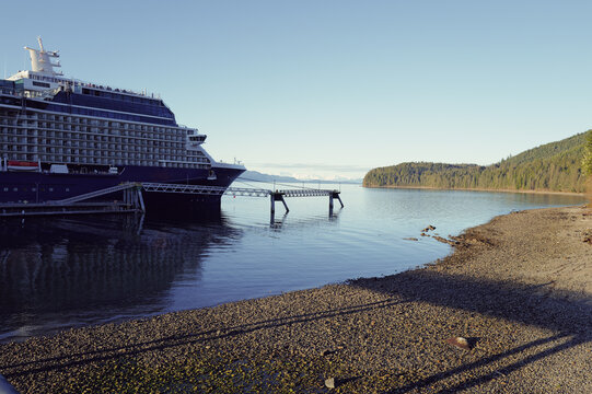 cruise ship docked in Icy Strait Point, Alaska during low tide, Alaskan travel tourism