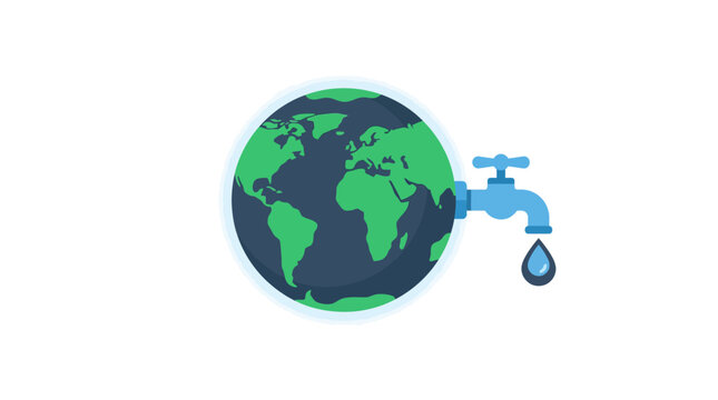 Earth planet with water tap dripping, symbolizing water scarcity and conservation concept