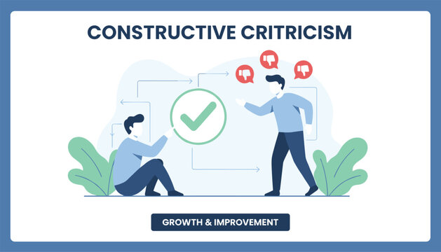 Coworkers dealing with constructive criticism showing thumbs down feedback turning into a positive green checkmark.