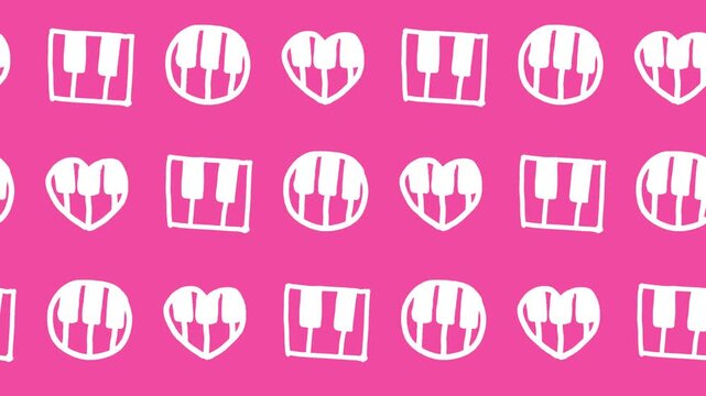 Seamless pattern of hand-drawn musical piano keys inside heart, square, and circle shapes on pink background animation for music education wallpaper and romantic melody line art backdrop design.