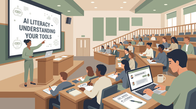 Professor teaching AI literacy to students in a lecture hall