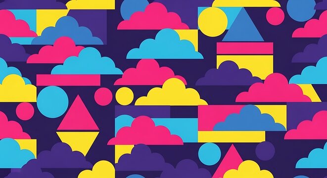 Vibrant geometric cloud pattern with abstract shapes in blue pink and yellow