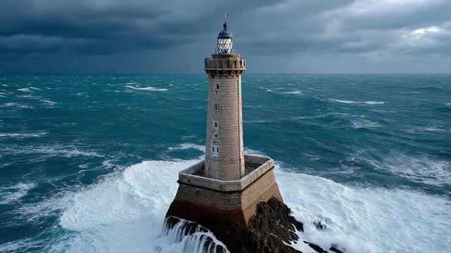 Stormy Seas Lighthouse: A solitary lighthouse stands firm against the turbulent, dark blue waves and dramatic, cloudy sky, a beacon of hope and guidance.
