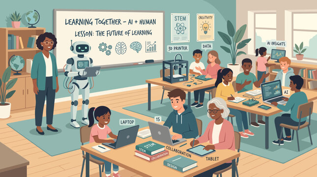 AI Robot and Human Teacher in Modern Collaborative Classroom