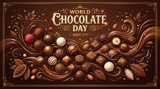World Chocolate Day celebration banner with assorted gourmet chocolates and cocoa swirls festive design for confectionery marketing and sweet treats