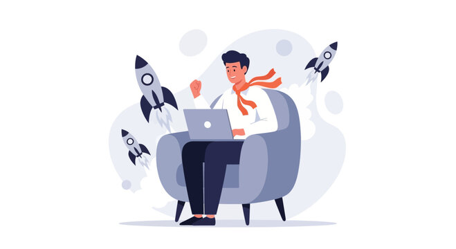 Businessman celebrating success with rockets launching from his home office couch.