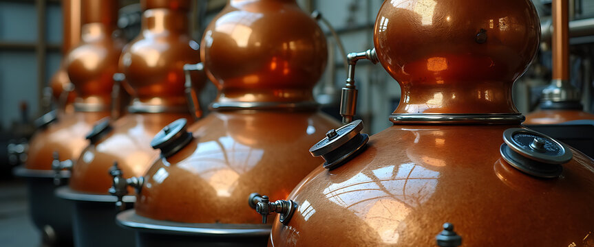 Copper alembic stills in distillery, shiny metal equipment for alcohol production.