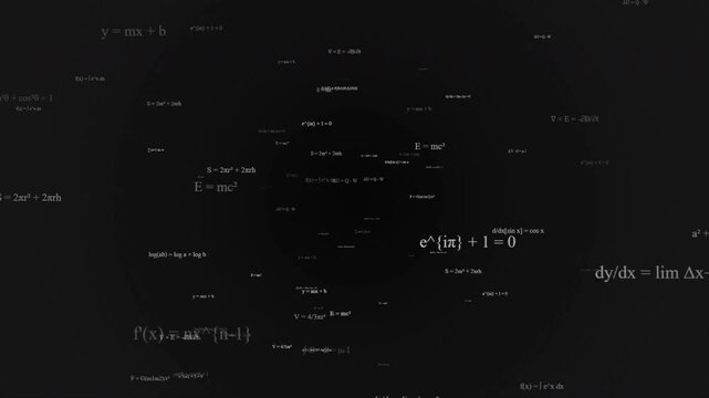 Cinematic Motion of Mathematical Equations and Physics Formulas Over a Dark Background