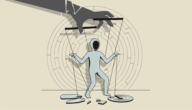 Puppet figure controlled by a giant shadow hand standing in front of a circular maze with broken mirror pieces below.