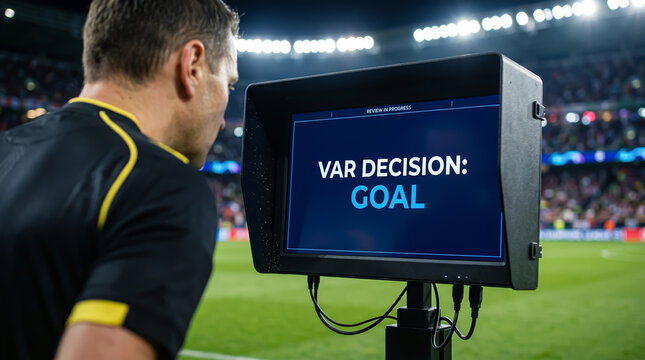 Over the shoulder view of a professional soccer referee checking the video assistant referee monitor for a goal decision in a large stadium
