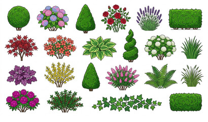 Decorative Garden Hedge and Blooming Bush Vector Collection with Natural Foliage Plants © joy